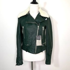 Zara Vegan Leather Fur Trim Crop Moto Jacket Green